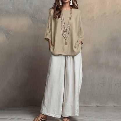 Linen Oversized Top & White Wide Leg Pants Two Piece Linen Set