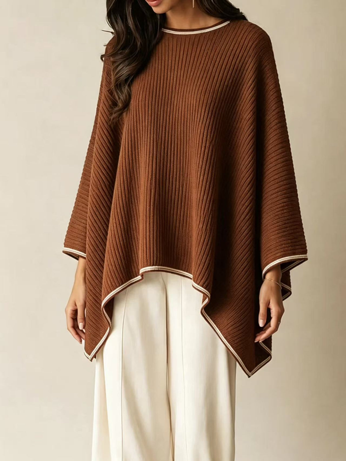 Ribbed Knit Poncho & Wide Leg Pants Two Piece Set