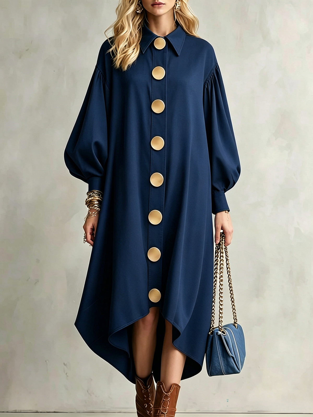 Balloon Sleeve Shirt Dress with Asymmetrical Hem