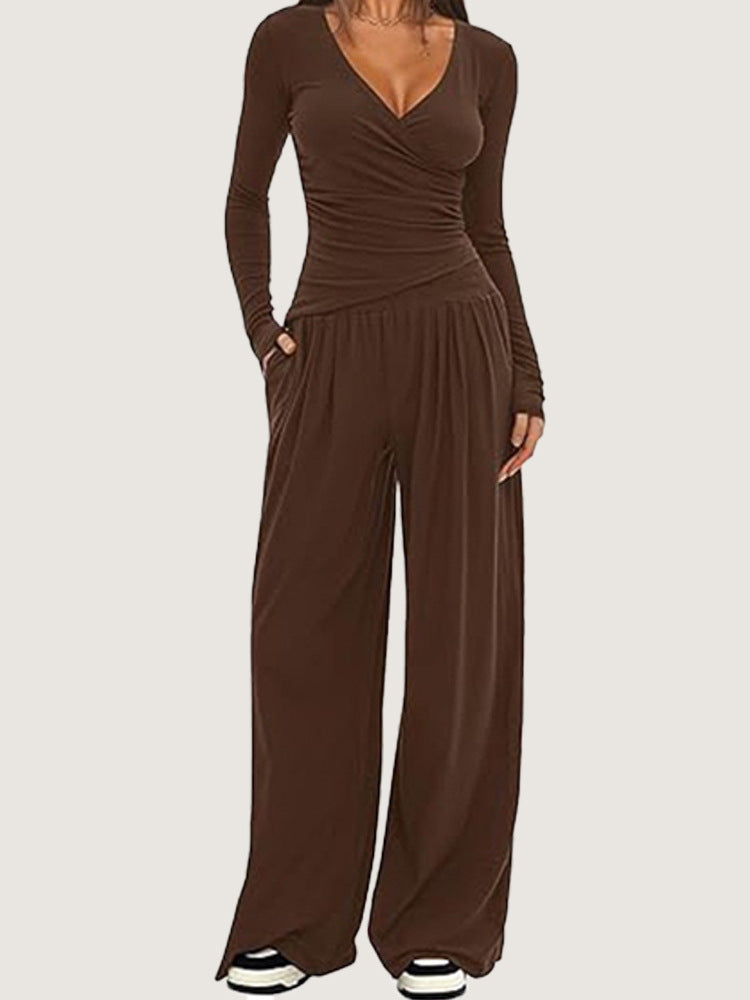 Women Solid Wrap V Neck Ruched Long Sleeve Top Elastic High Waist Pocket Wide Leg Casual Loungewear Co-ord Set
