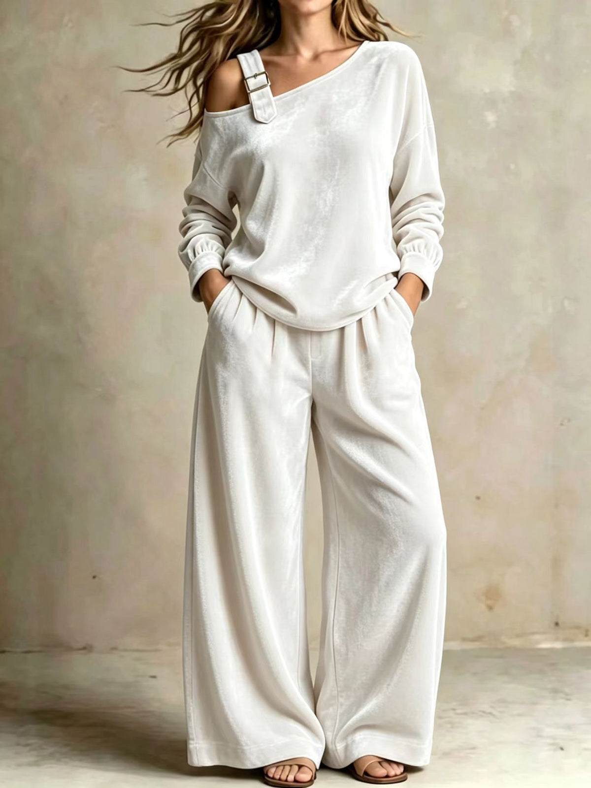 Women's Solid Color Off-shoulder Long-sleeve High-waisted Wide-leg Pants Velvet Set (loose Fit)