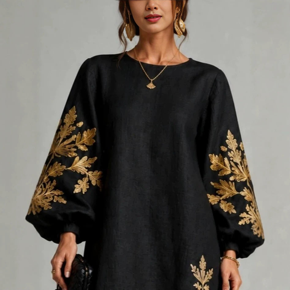 Black Linen Shift Mini Dress with Gold Leaf Embroidery Balloon Long Sleeves