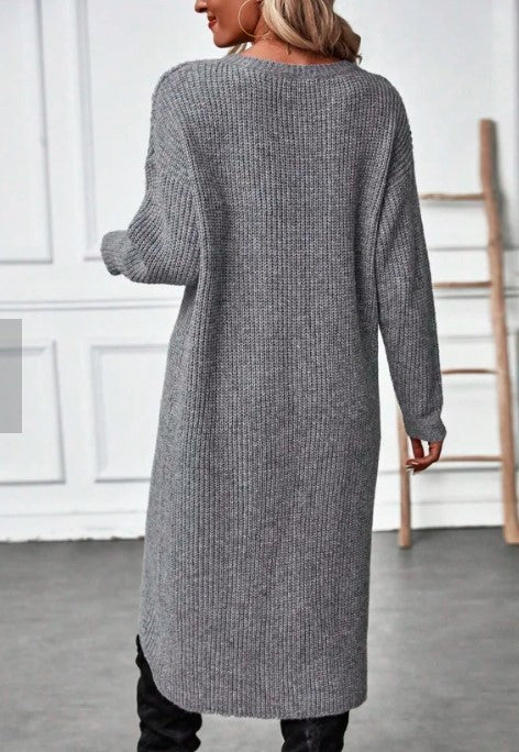 Round Neck Long Sleeve Wrap Asymmetrical Hem Knit Midi Cardigan
