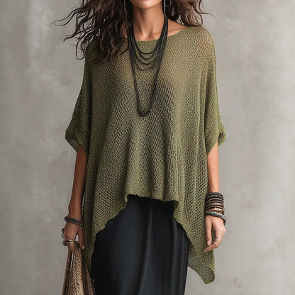 Open Knit Asymmetrical High Low Batwing Oversized Tunic Top