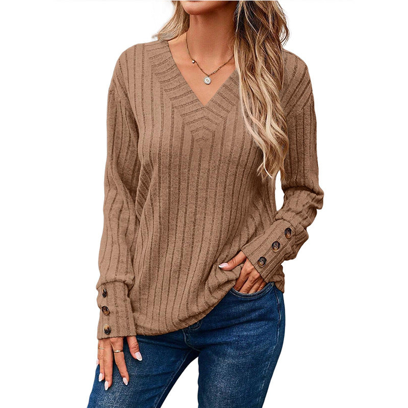 Ribbed Knit V-Neck Button Cuff Top
