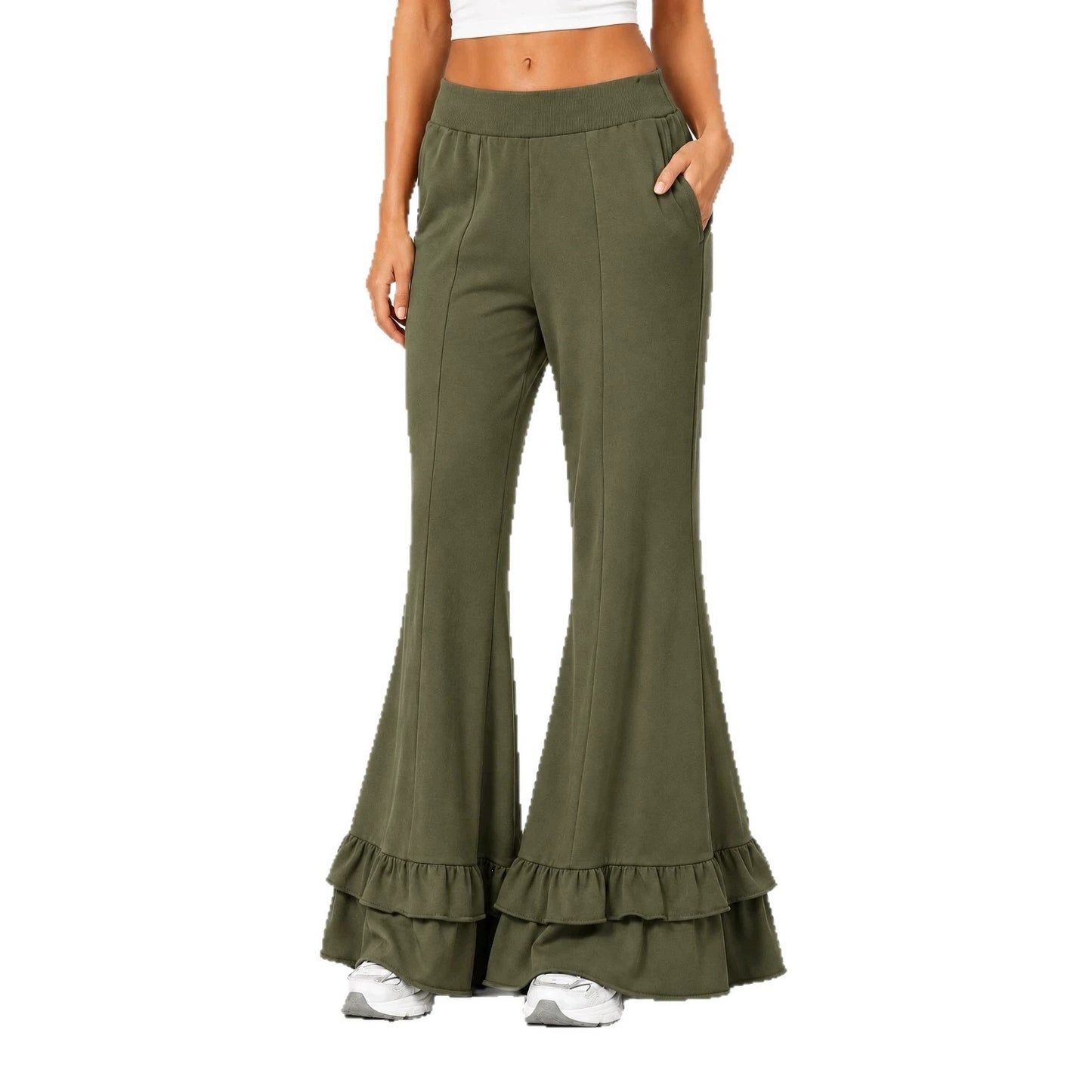 High Waist Front Seam Double Ruffle Hem Flare Knit Pants