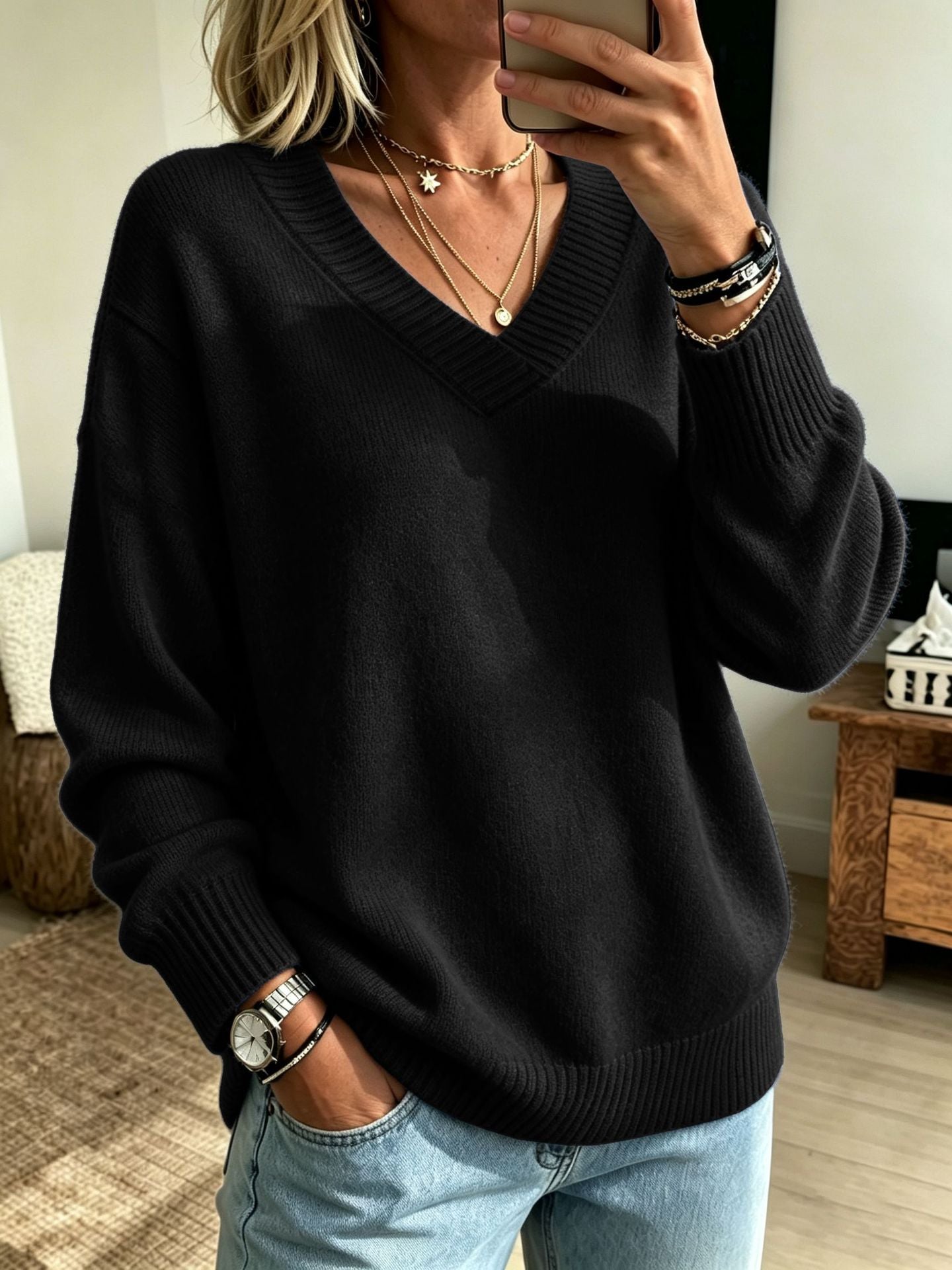 Relaxed V-Neck Long Sleeve Knit Sweater