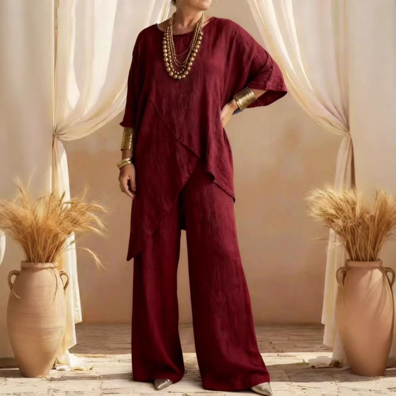 Linen Asymmetric Overlap Top & Wide Leg Pants Two Piece Set
