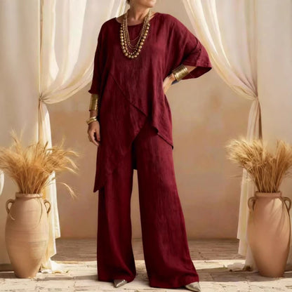 Linen Asymmetric Overlap Top & Wide Leg Pants Two Piece Set