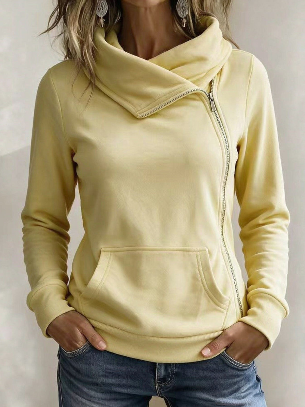 Draped Neck Zip Hoodie with Pocket