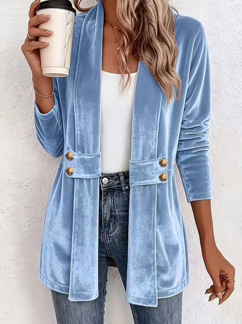 Women's Velvet Open Front Long Sleeve Mid Length Blazer Cardigan with Button Decor