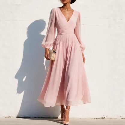 Pleated Chiffon Midi Dress with Balloon Sleeves