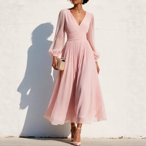 Pleated Chiffon Midi Dress with Balloon Sleeves