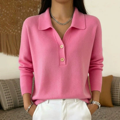 Polo Collar Half Button Fine Knit Long Sleeve Sweater