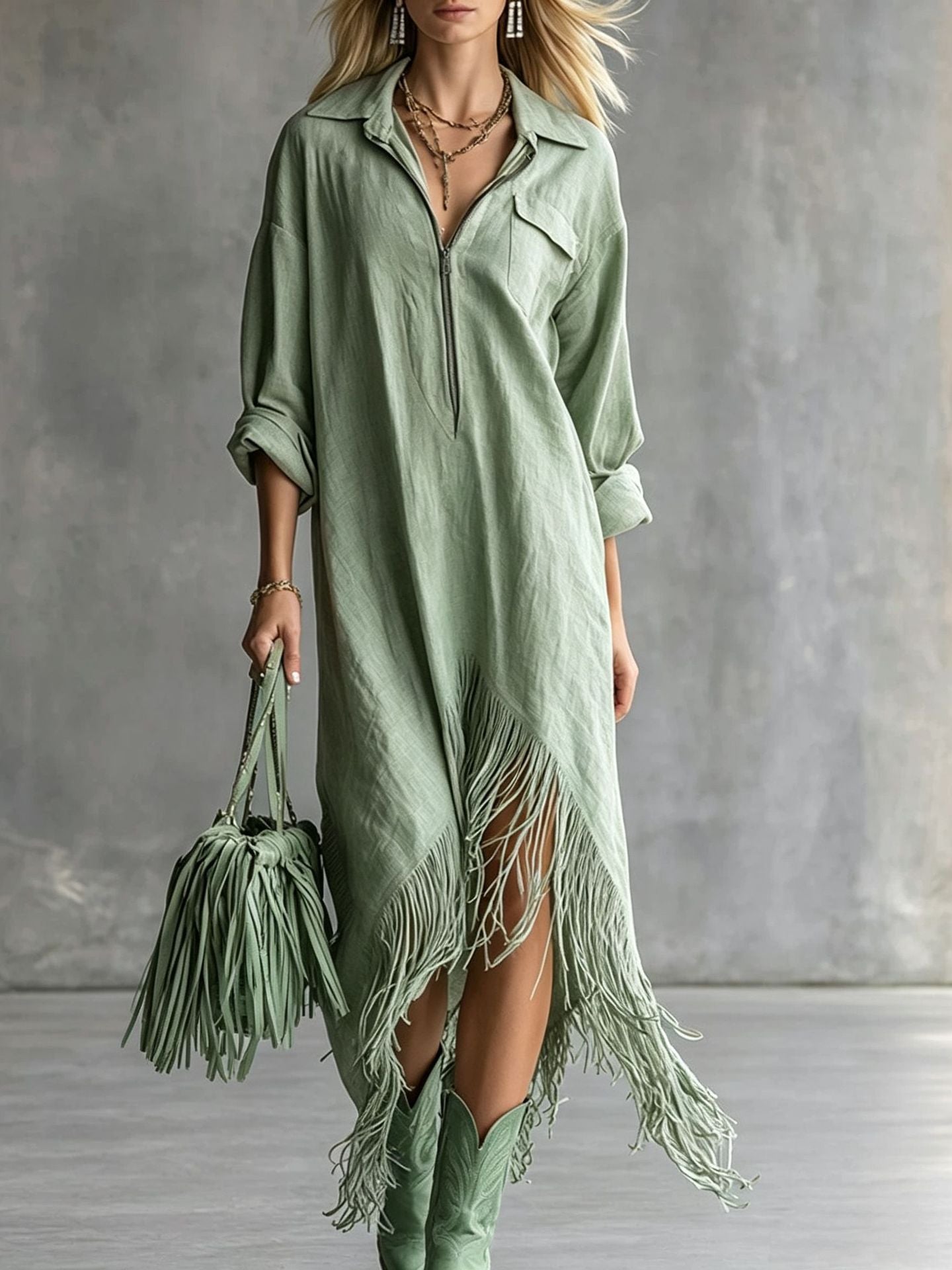 Half Zip Fringe Hem Boho Shirt Dress