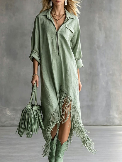 Half Zip Fringe Hem Boho Shirt Dress