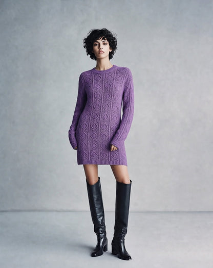 Cable Knit Crew Neck Long Sleeve Mini Sweater Dress