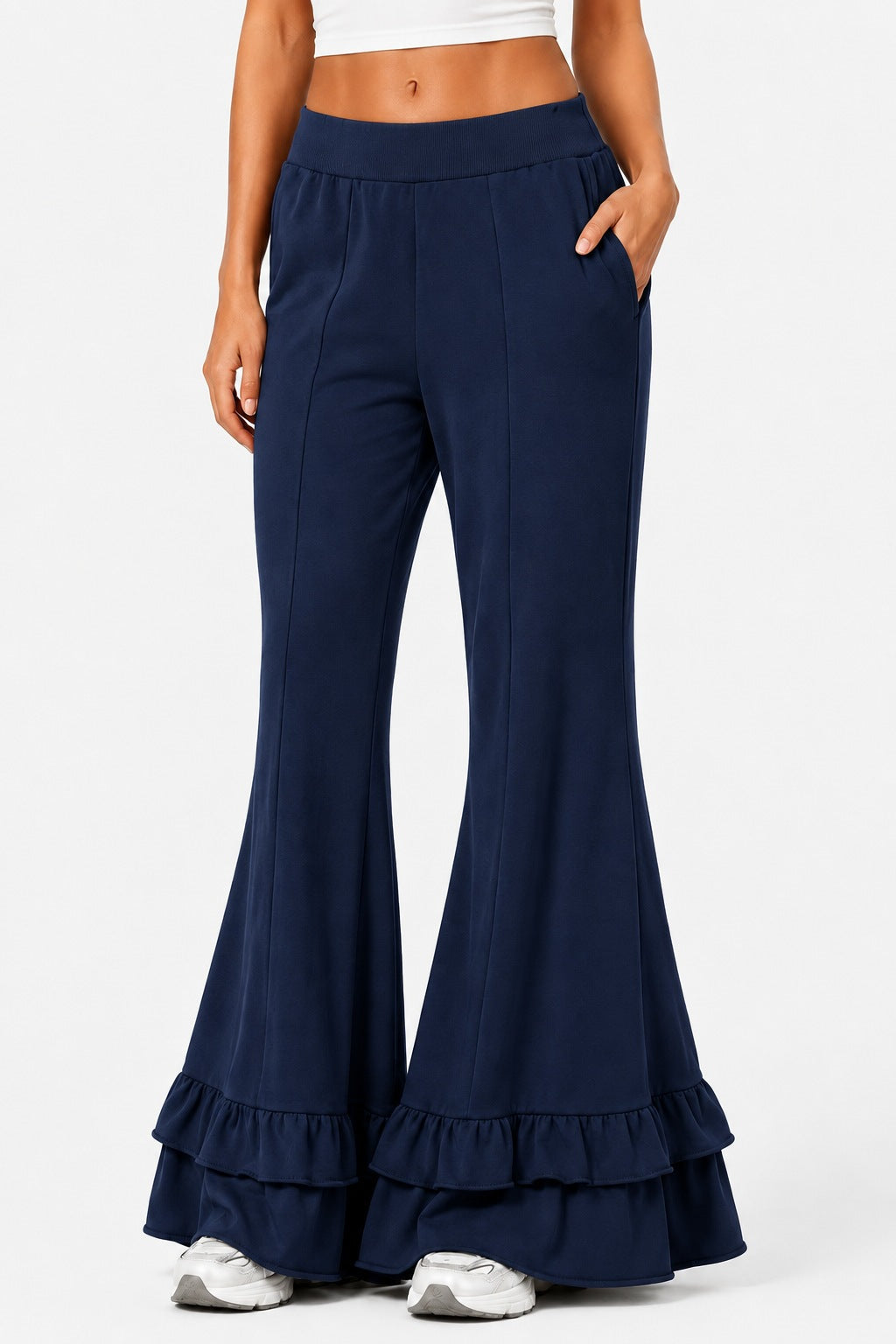 High Waist Front Seam Double Ruffle Hem Flare Knit Pants
