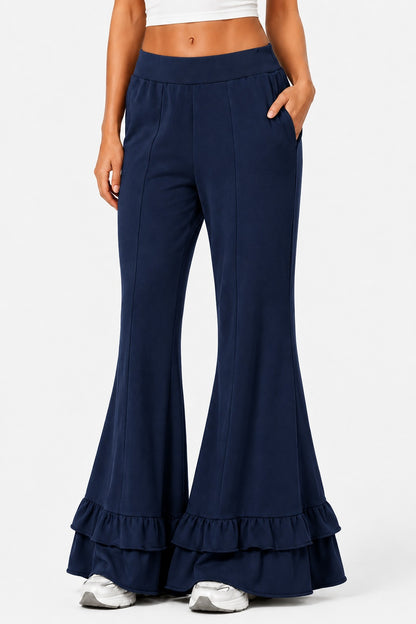High Waist Front Seam Double Ruffle Hem Flare Knit Pants