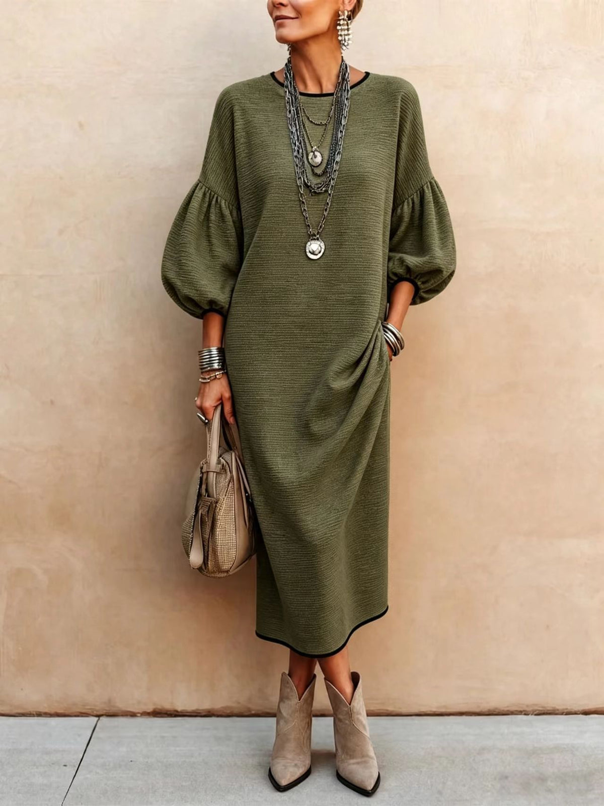 Elegant Solid-color Crew Neck With Puff Sleeves Maxi Dress