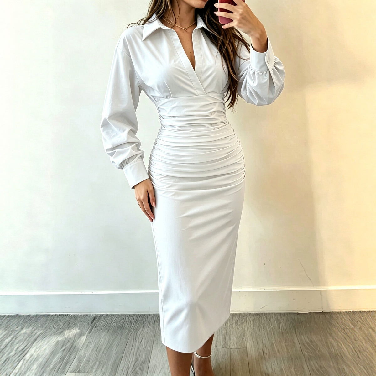 Collared Wrap V‑Neck Ruched Waist Balloon Sleeve Bodycon Midi Shirt Dress