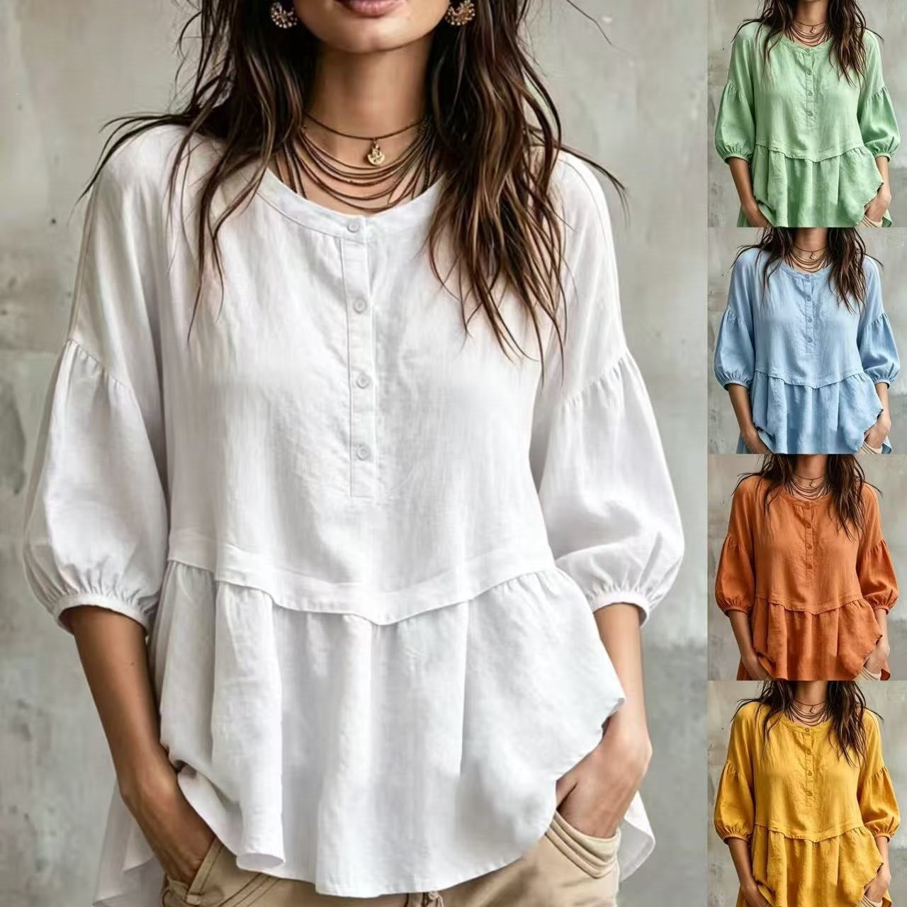 Peplum Balloon Sleeve Blouse – Soft Linen-Blend Casual Top
