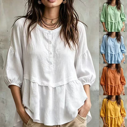 Peplum Balloon Sleeve Blouse – Soft Linen-Blend Casual Top