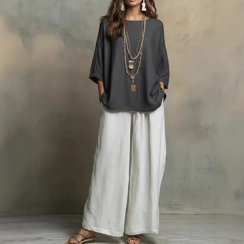 Linen Oversized Top & White Wide Leg Pants Two Piece Linen Set