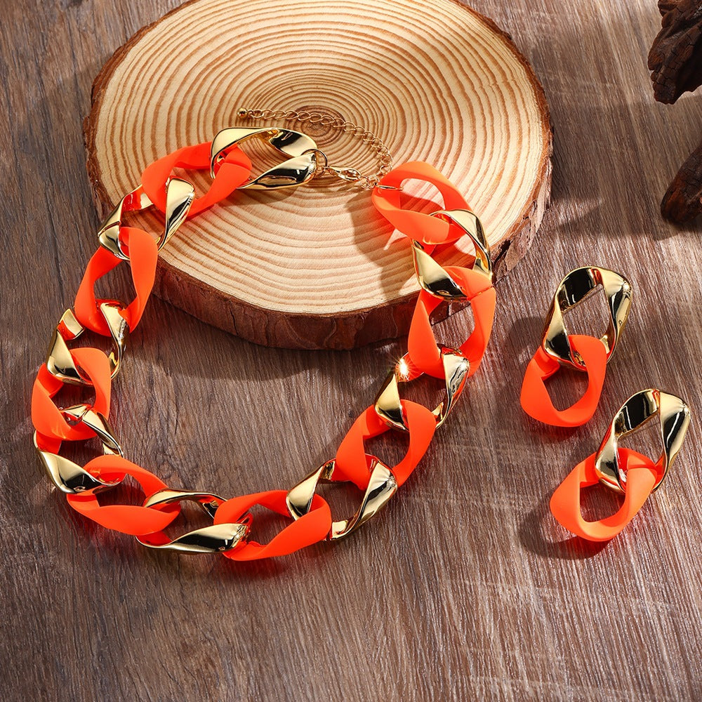 3pcs/set Resin Eight-character Twist Link Chain Fashionable Lady’s Necklace Earrings And Jewelry Set - Orange
