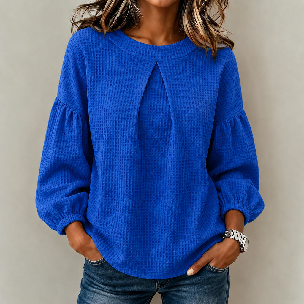 Waffle Textured Pleated Neck Balloon Long Sleeve Blouse