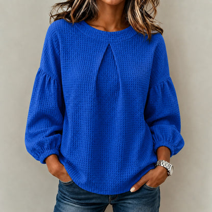 Waffle Textured Pleated Neck Balloon Long Sleeve Blouse