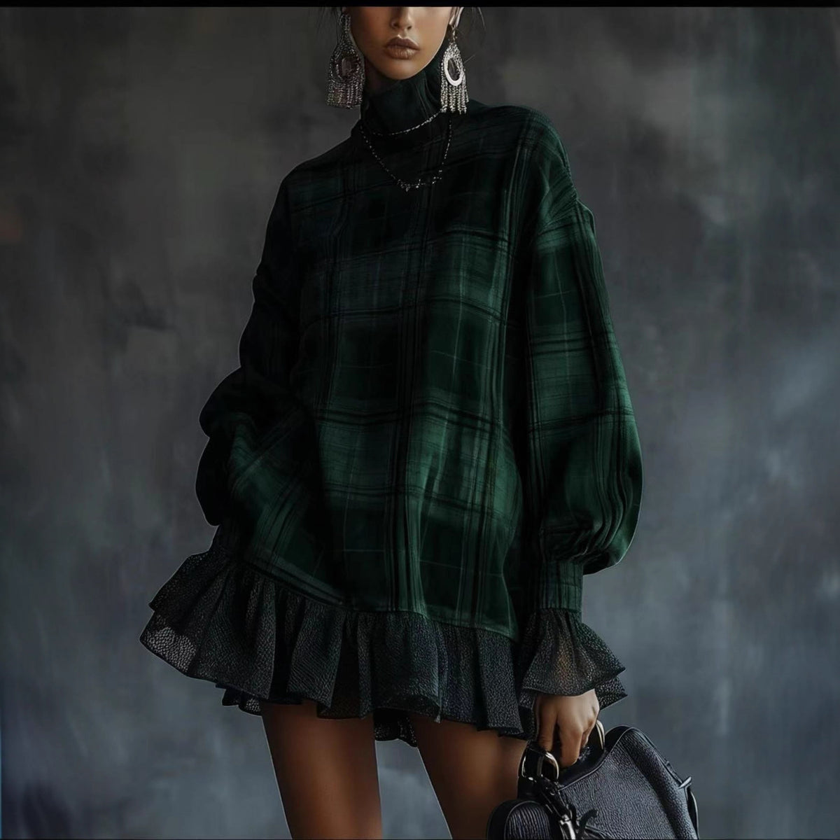 Women's Turtleneck Plaid Long Sleeve Ruffle Hem Tunic Dress