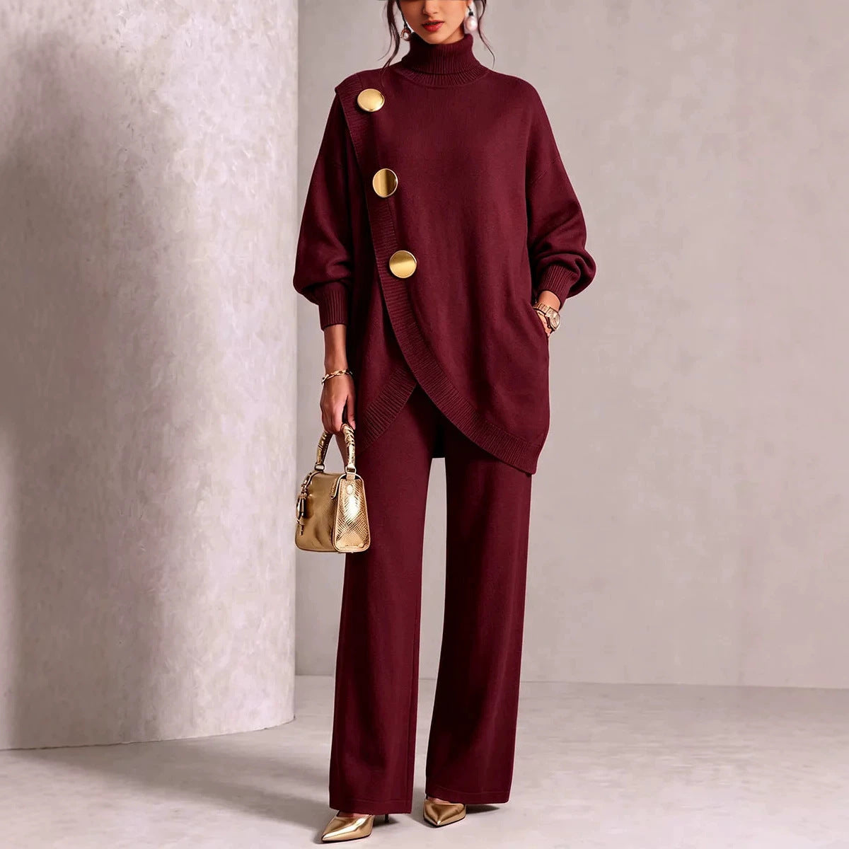 Turtleneck Gold‑Button Asymmetric Knit Tunic & Wide‑Leg Pants Two‑Piece Set