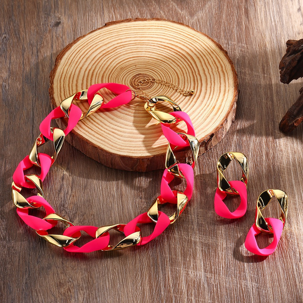 3pcs/set Resin Eight-character Twist Link Chain Fashionable Lady’s Necklace Earrings And Jewelry Set - Rose red