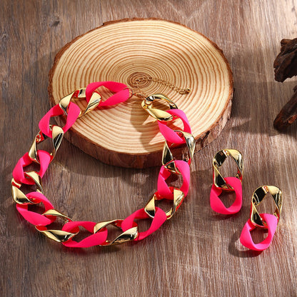 3pcs/set Resin Eight-character Twist Link Chain Fashionable Lady’s Necklace Earrings And Jewelry Set - Rose red