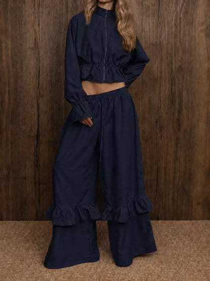 Casual Dusty Lavender Cropped Jacket and Flared Ruffle Pant Set