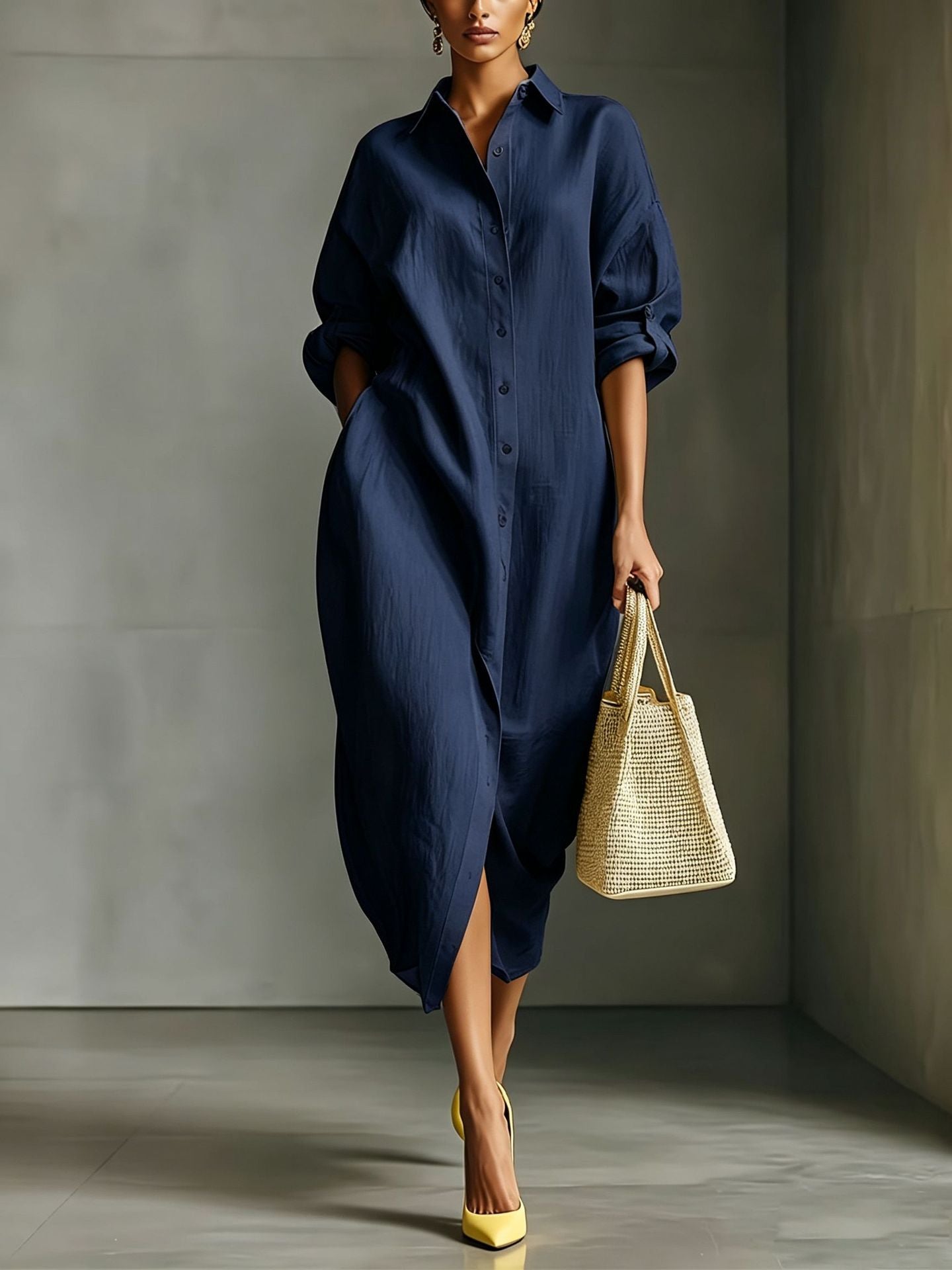 Oversized Linen Blend Midi Shirt Dress