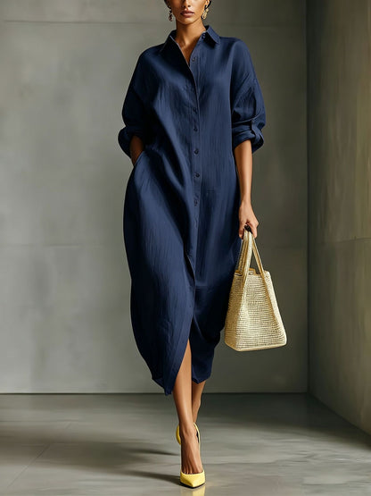 Oversized Linen Blend Midi Shirt Dress