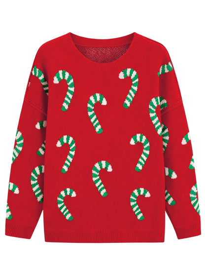 Women's Plus Size Crew Neck Candy Cane Print Long Sleeve Christmas Knit Sweater