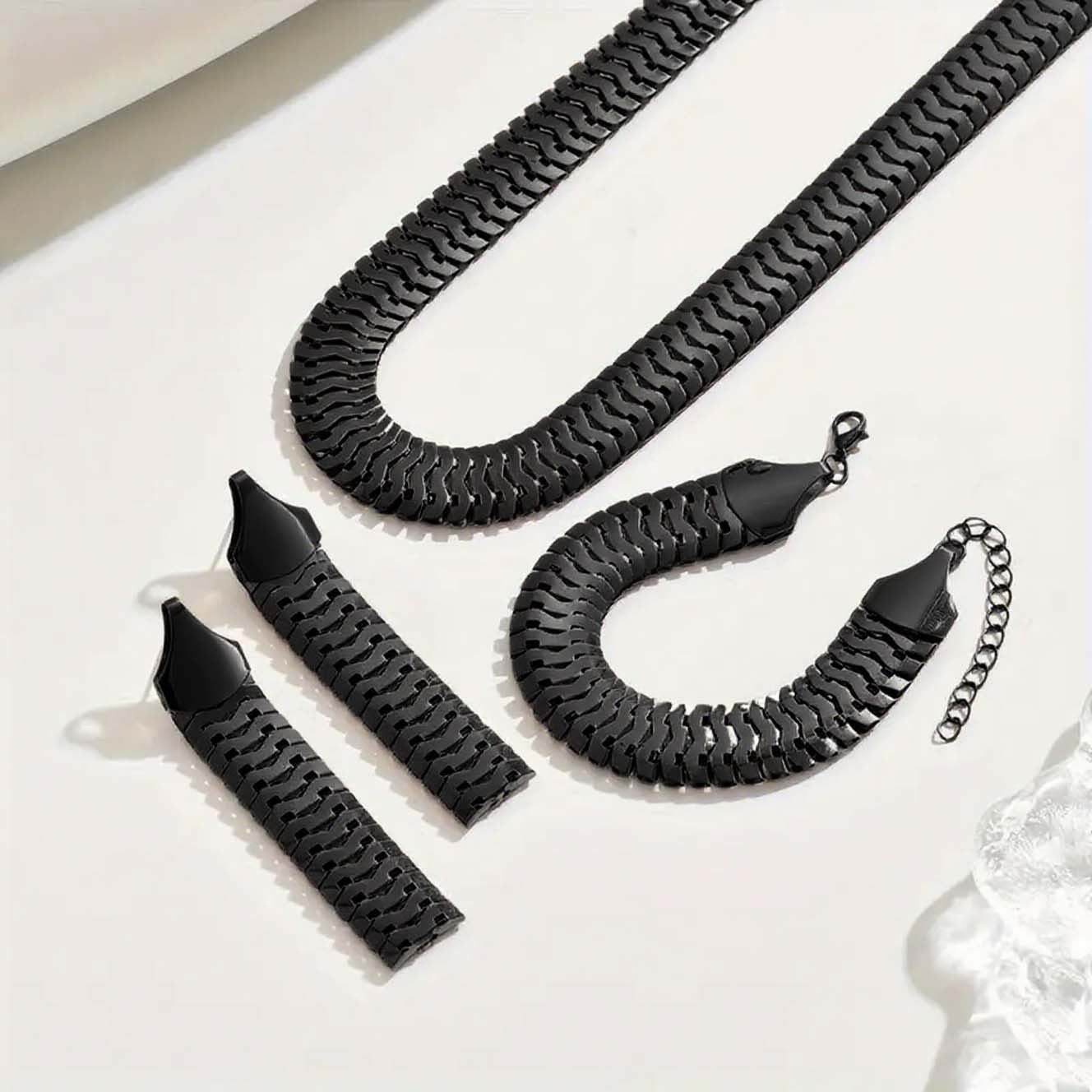 Wide Snake Scale Herringbone Jewelry 3-Piece Set Necklace Bracelet Drop Earrings