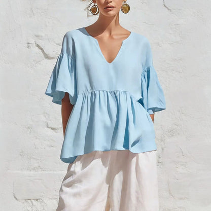 V-Neck Ruffle Sleeve Peplum Blouse