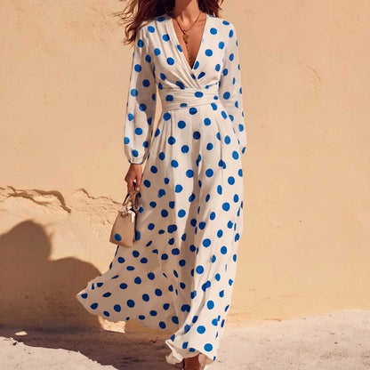 Polka Dot Wrap V-Neck Long Sleeve Maxi Dress
