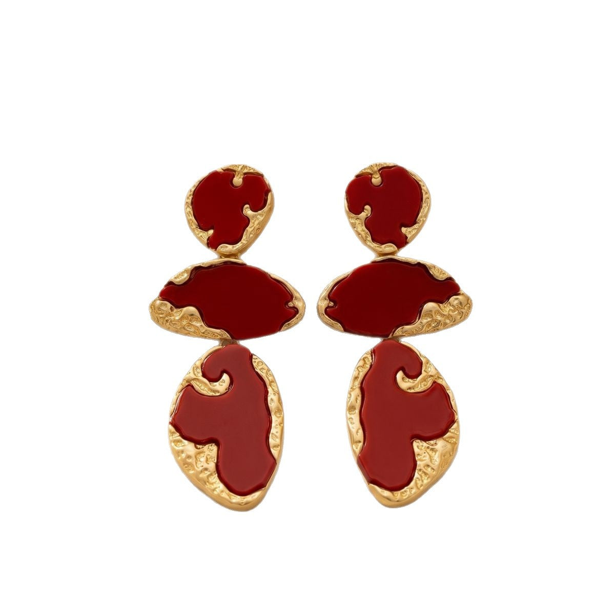 Abstract Red Enamel Tiered Drop Earrings Hammered 14K Gold Plated Statement Dangle Earrings - EH5799