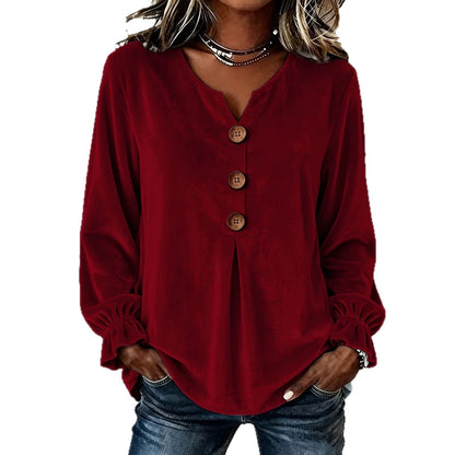Notch V Neck Wooden Button Pleated Front Puff Cuff Long Sleeve Blouse