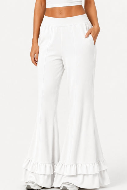High Waist Front Seam Double Ruffle Hem Flare Knit Pants