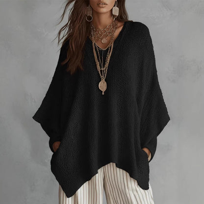 V-Neck Open Knit Oversized Batwing Long Sleeve Sweater Top