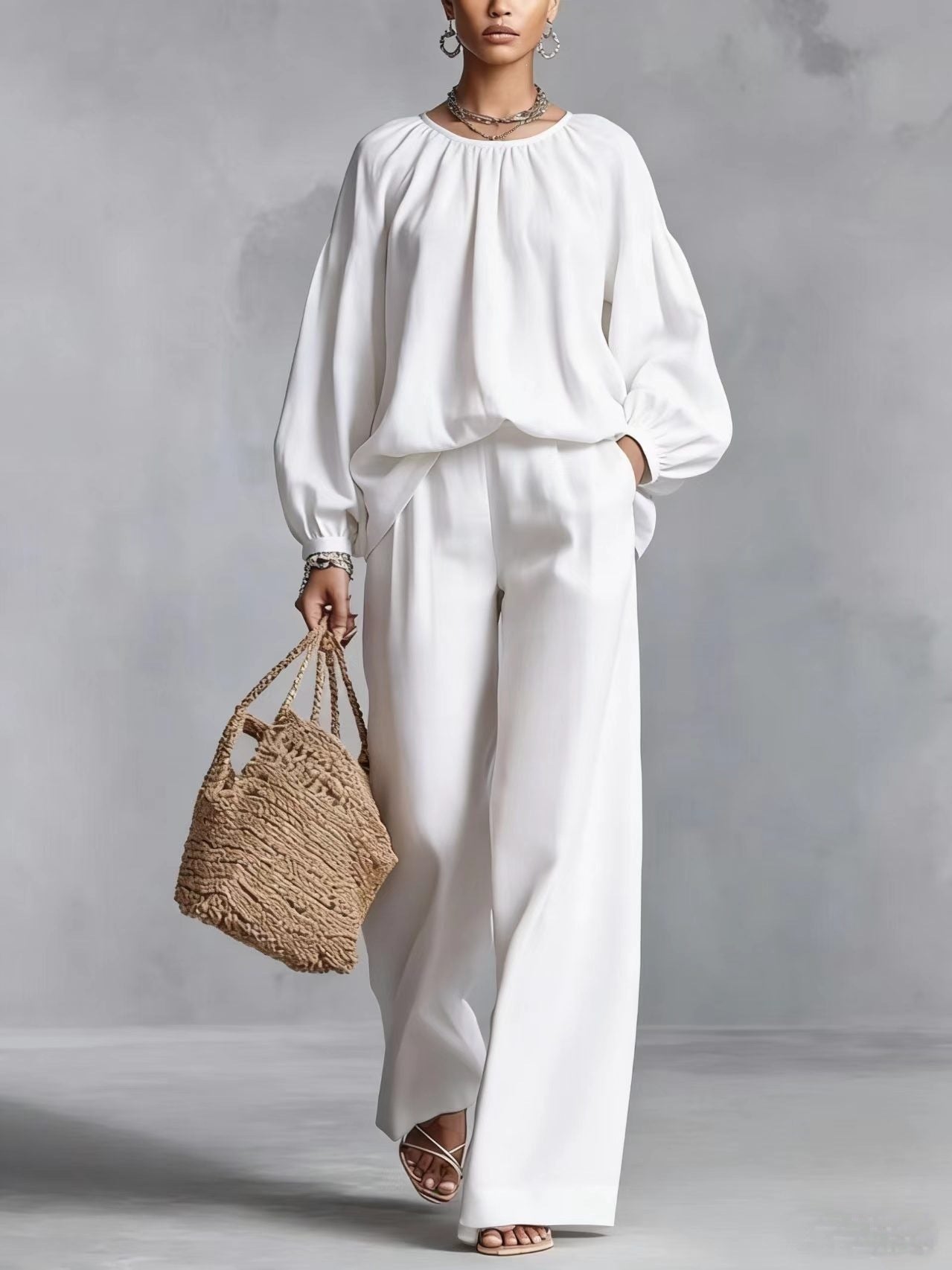 Elastic Neck Linen Blend Matching Two Piece Set