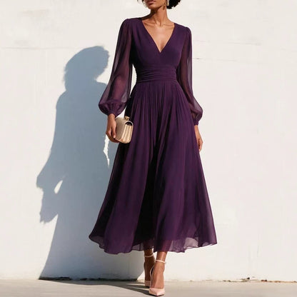 Pleated Chiffon Midi Dress with Balloon Sleeves