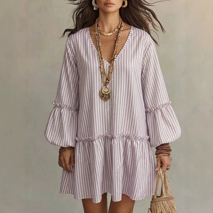 Striped V-Neck Ruffle Hem Mini Dress
