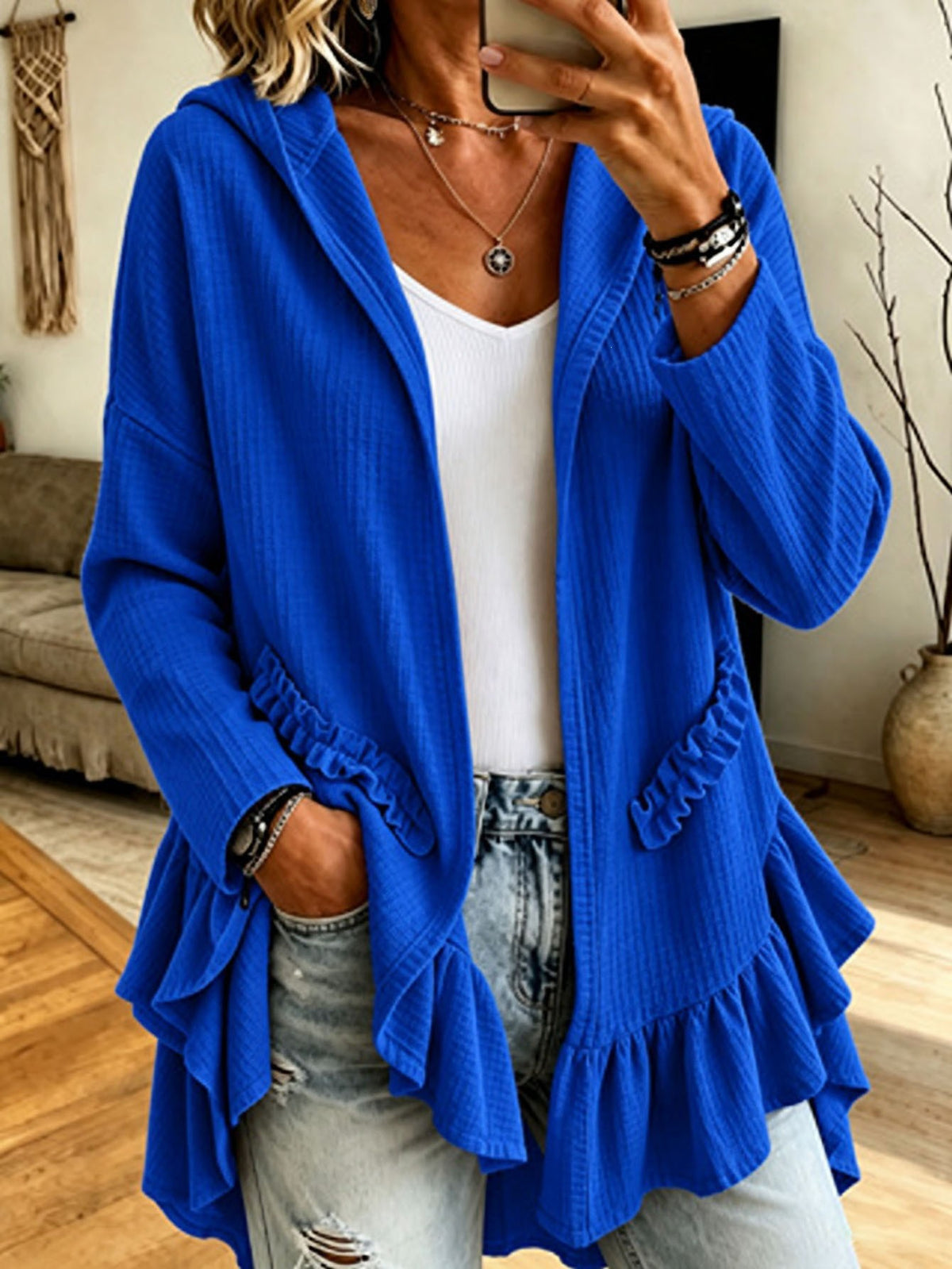 Ruffle Hooded Cardigan – Oversized Knit Open-Front Hoodie